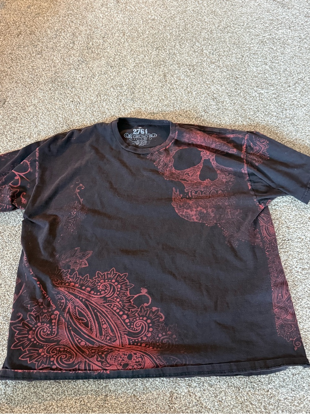 Men’s Black T-Shirt with Red Skull & Paisley Print